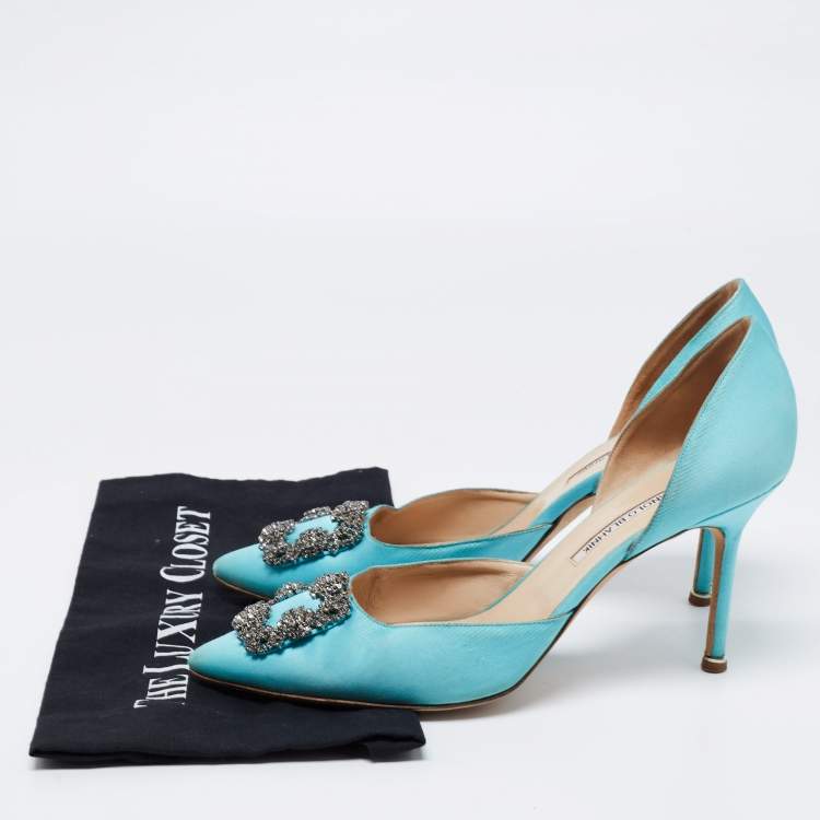 Pre Owned Manolo Blahnik Blue Satin Hangisi Crystal Embellished D'Orsay Pumps Size 42