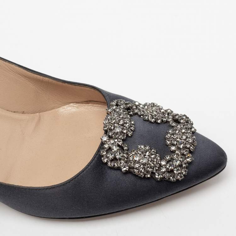 Pre Owned Manolo Blahnik Grey Satin Hangisi Embellished Pumps Size 38