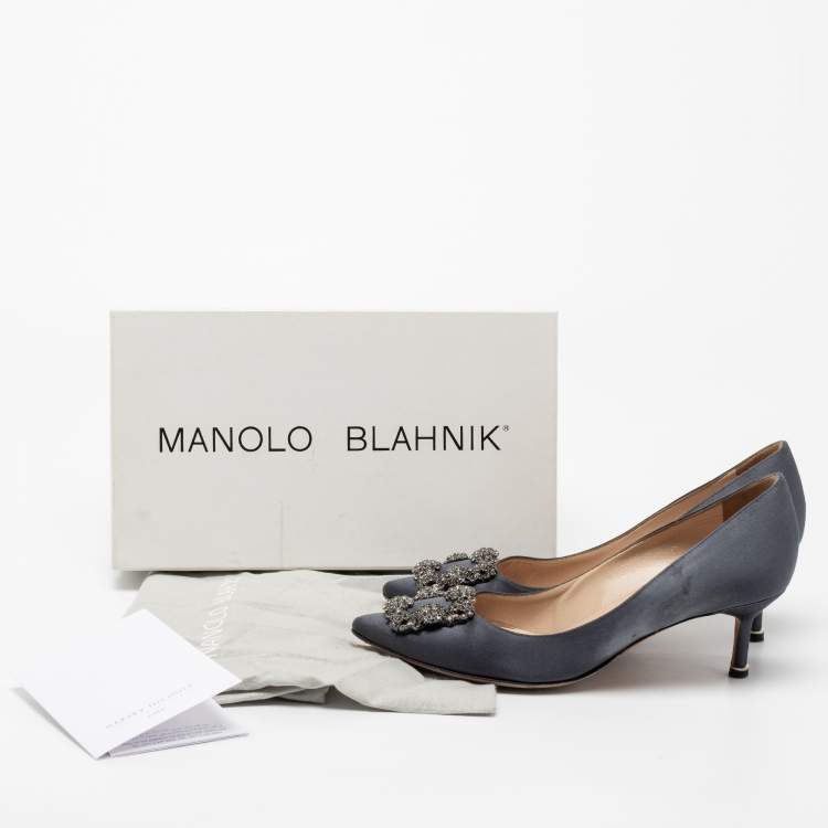 Pre Owned Manolo Blahnik Grey Satin Hangisi Embellished Pumps Size 38
