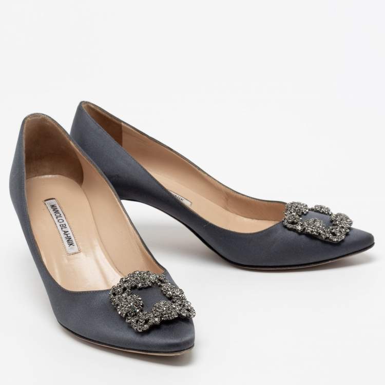 Pre Owned Manolo Blahnik Grey Satin Hangisi Embellished Pumps Size 38