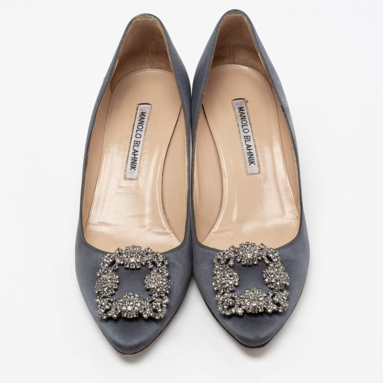 Pre Owned Manolo Blahnik Grey Satin Hangisi Embellished Pumps Size 38