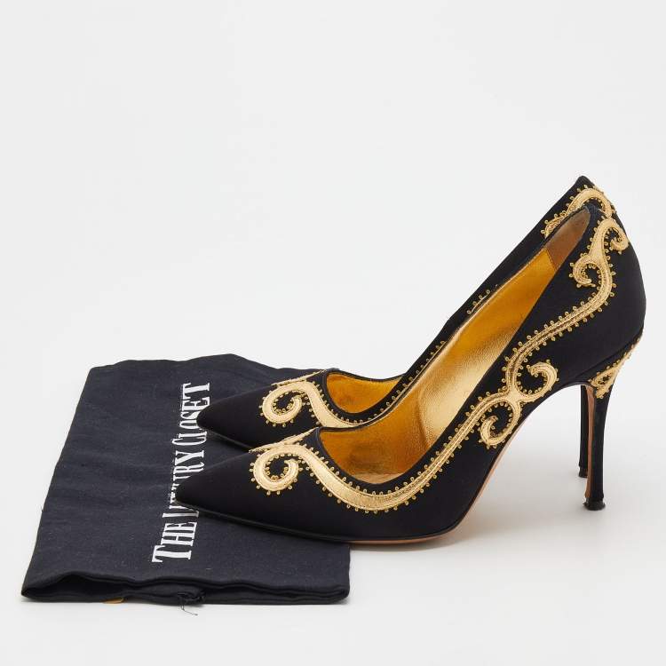 Pre Owned Manolo Blahnik Black/Gold Satin And Leather Embroidered Pointed Toe Pumps Size 38