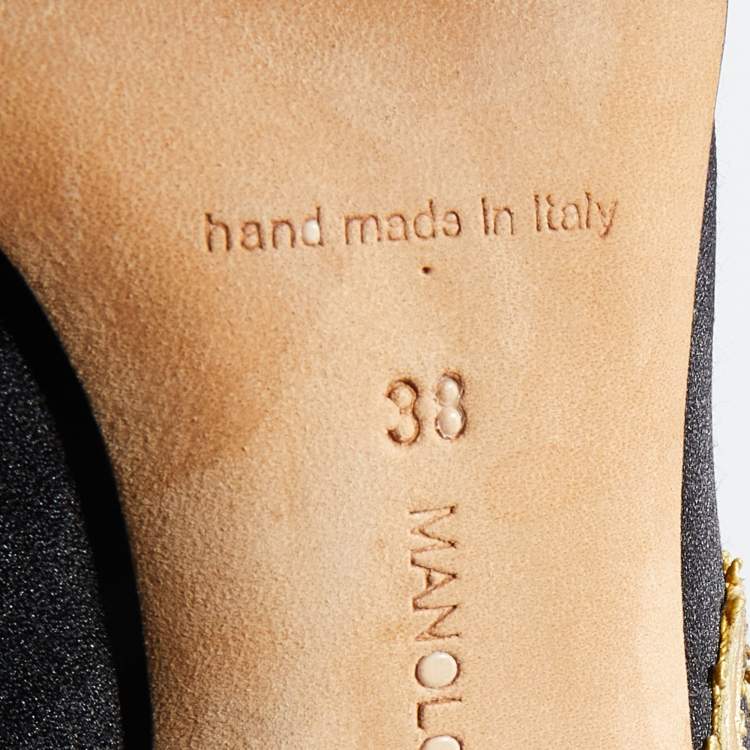 Pre Owned Manolo Blahnik Black/Gold Satin And Leather Embroidered Pointed Toe Pumps Size 38