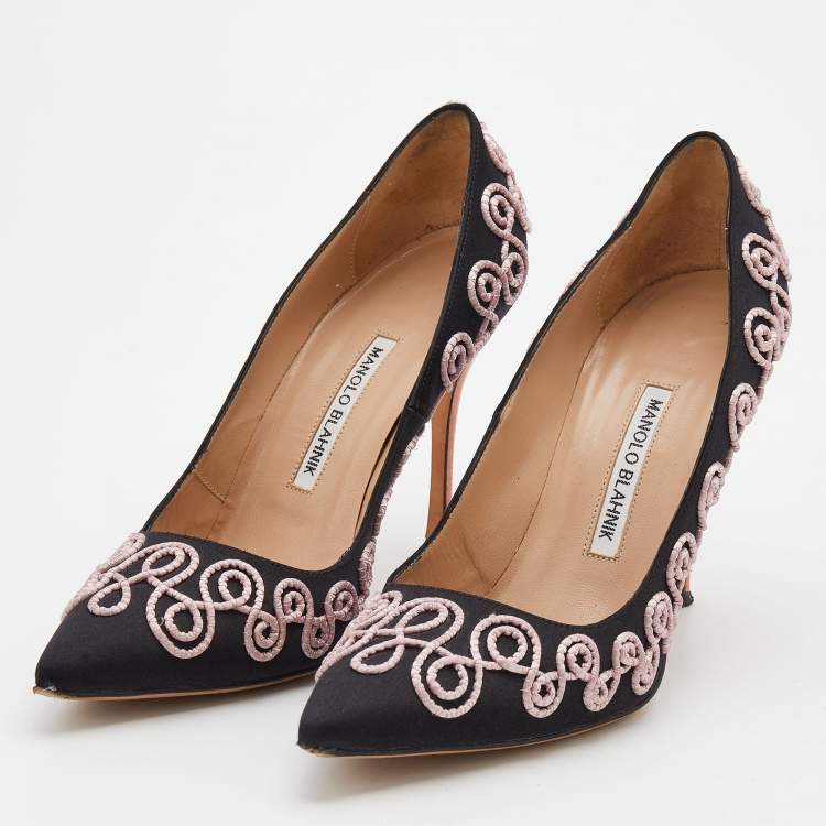 Pre Owned Manolo Blahnik Black Satin Rope Embroidered Pointed Toe Pumps Size 38