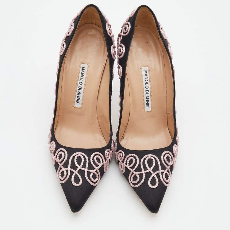 Pre Owned Manolo Blahnik Black Satin Rope Embroidered Pointed Toe Pumps Size 38