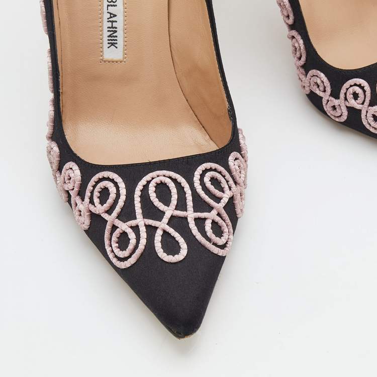 Pre Owned Manolo Blahnik Black Satin Rope Embroidered Pointed Toe Pumps Size 38
