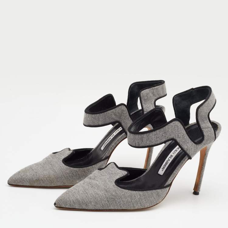 مملوكة مسبقًا Manolo Blahnik Grey Fabric Pointed Toe Pumps Size 39.5