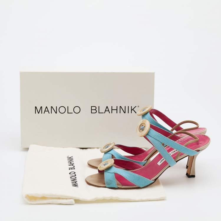 Pre Owned Manolo Blahnik Blue Canvas Button Strappy Slide Sandals Size 39.5