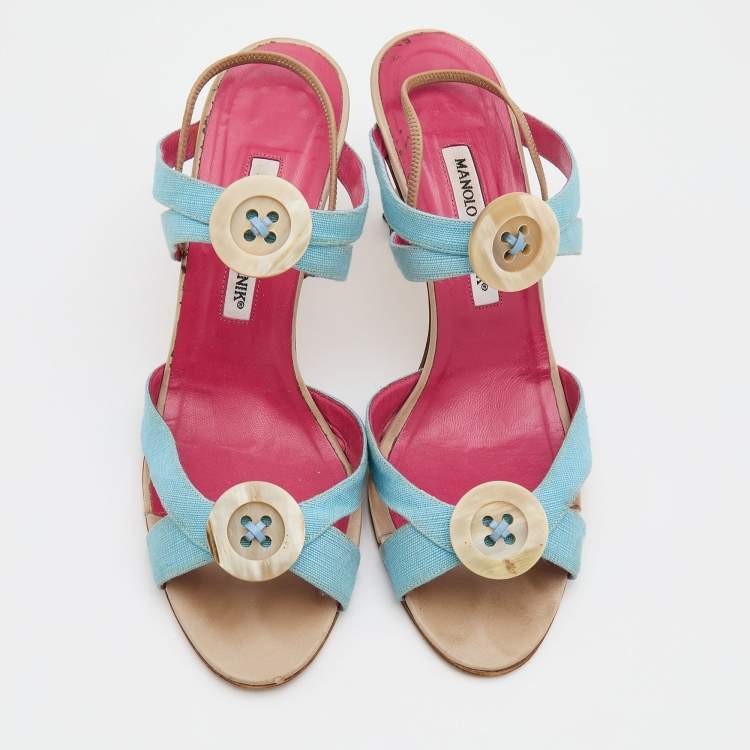 Pre Owned Manolo Blahnik Blue Canvas Button Strappy Slide Sandals Size 39.5