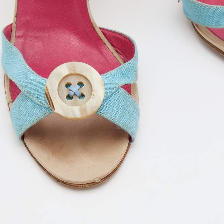 Pre Owned Manolo Blahnik Blue Canvas Button Strappy Slide Sandals Size 39.5