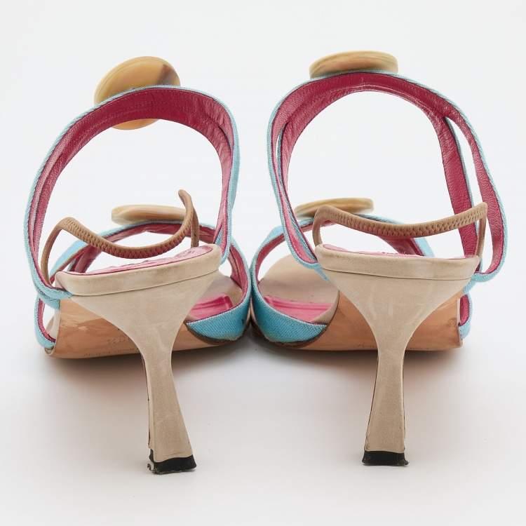 Pre Owned Manolo Blahnik Blue Canvas Button Strappy Slide Sandals Size 39.5
