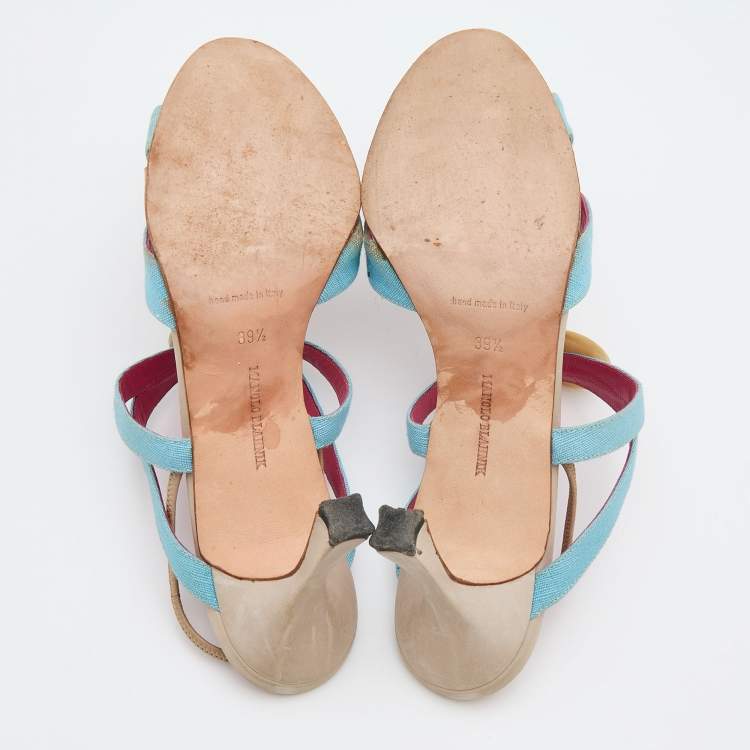 Pre Owned Manolo Blahnik Blue Canvas Button Strappy Slide Sandals Size 39.5
