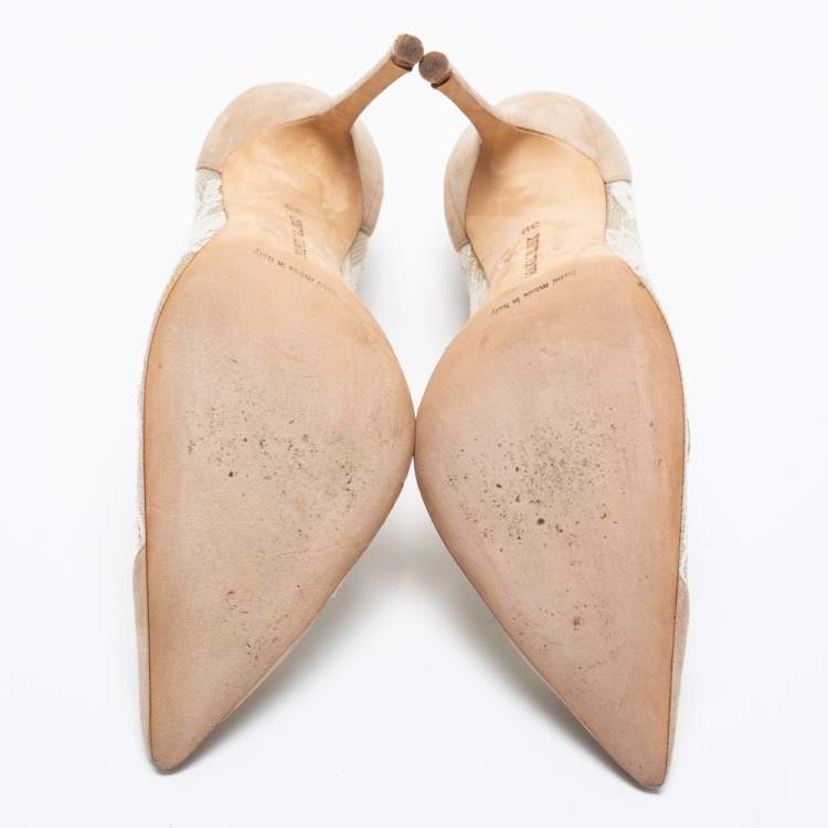 Pre Owned Manolo Blahnik Beige Suede and Lace Salola Pumps Size 39