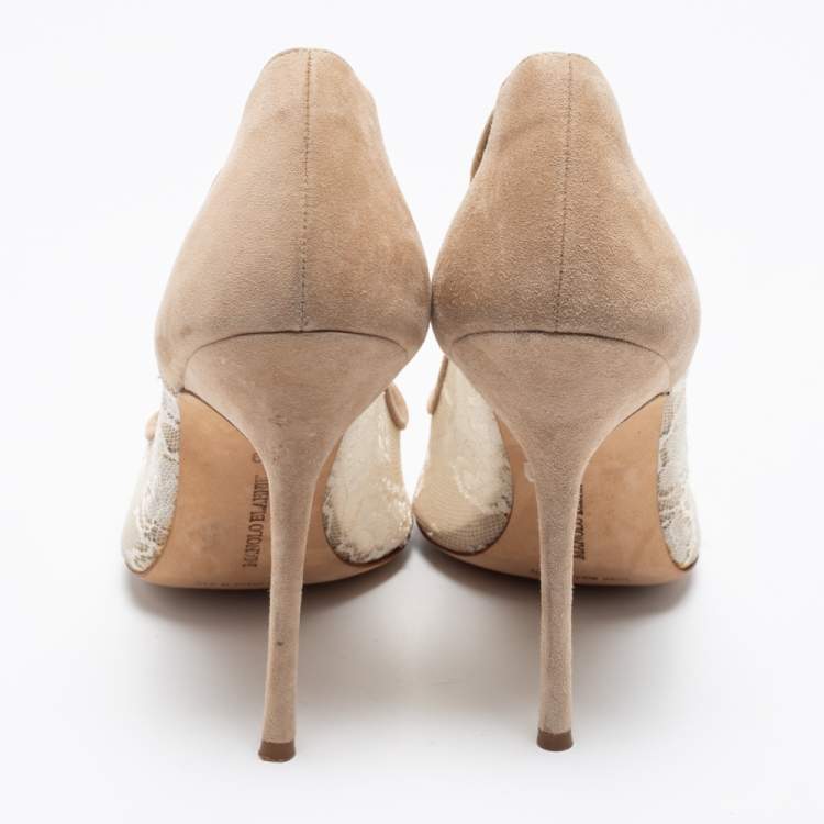 Pre Owned Manolo Blahnik Beige Suede and Lace Salola Pumps Size 39