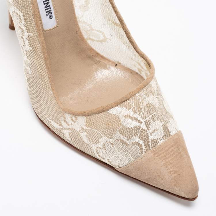 Pre Owned Manolo Blahnik Beige Suede and Lace Salola Pumps Size 39