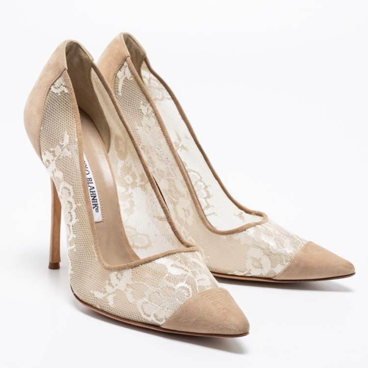 Pre Owned Manolo Blahnik Beige Suede and Lace Salola Pumps Size 39