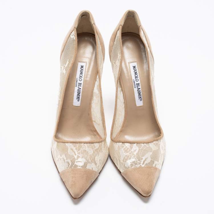Pre Owned Manolo Blahnik Beige Suede and Lace Salola Pumps Size 39