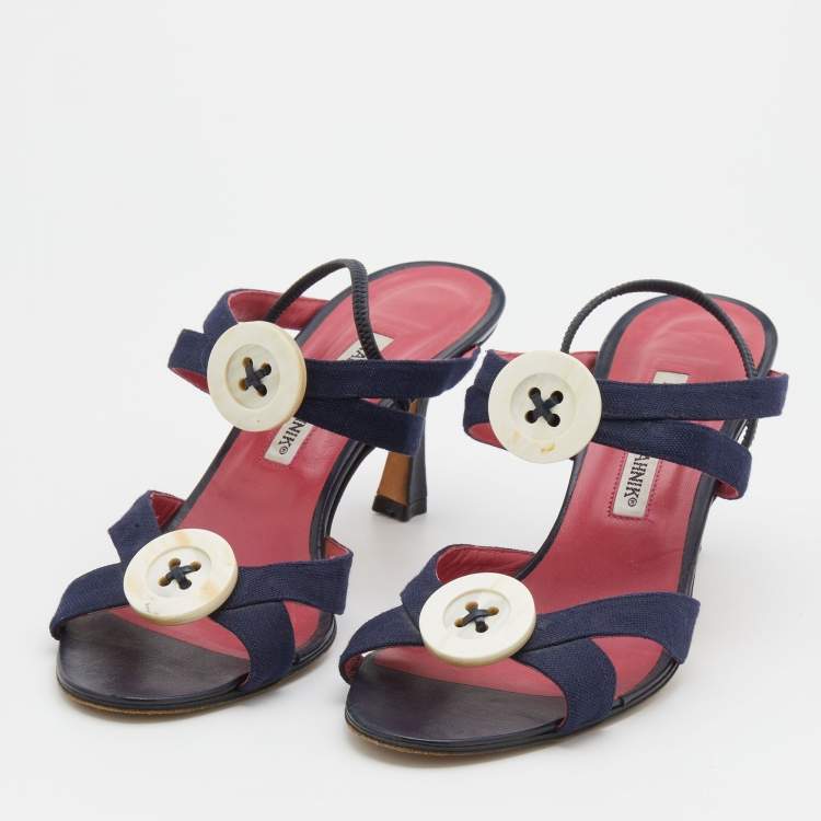 Pre Owned Manolo Blahnik Navy Blue Canvas Button Detail Slingback Sandals Size 39