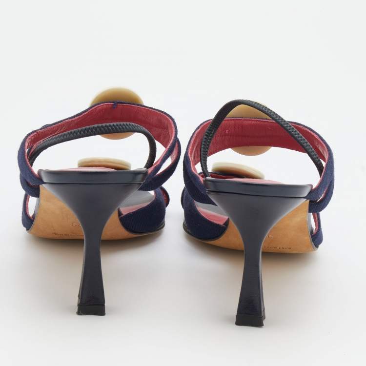 Pre Owned Manolo Blahnik Navy Blue Canvas Button Detail Slingback Sandals Size 39