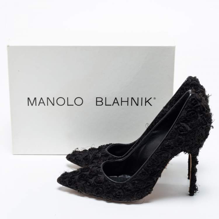 Pre Owned Manolo Blahnik Black Floral Fabric Pointed Toe Pumps Size 39