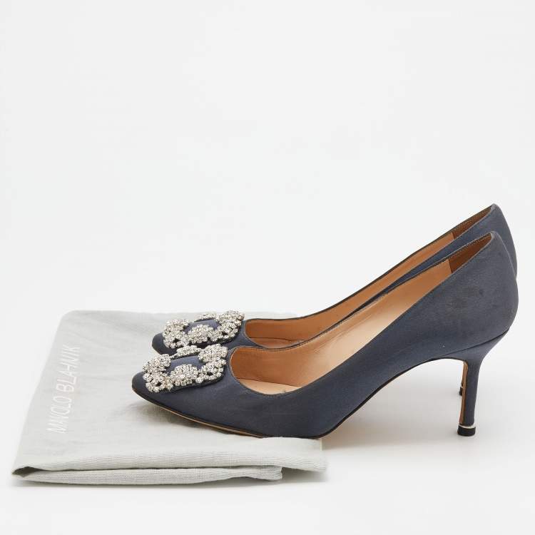 Pre Owned Manolo Blahnik Grey Satin Hangisi Crystal Embellished Pumps Size 37