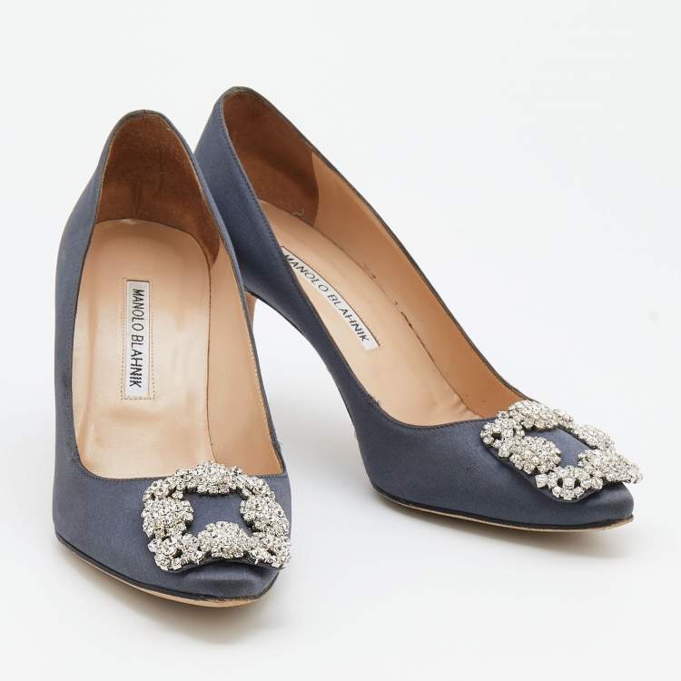 Pre Owned Manolo Blahnik Grey Satin Hangisi Crystal Embellished Pumps Size 37