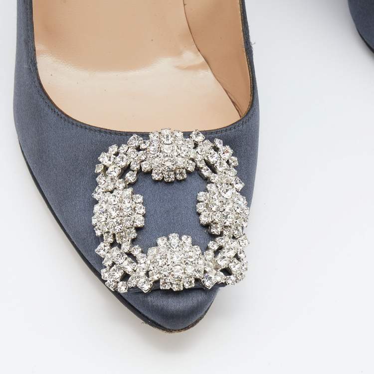 Pre Owned Manolo Blahnik Grey Satin Hangisi Crystal Embellished Pumps Size 37