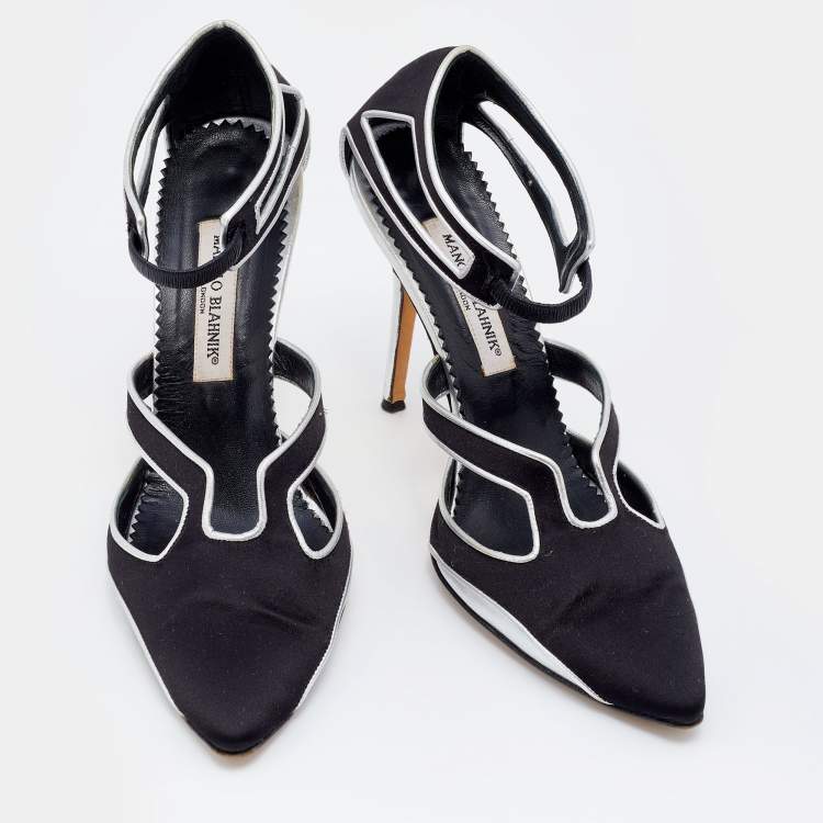 Pre Owned Manolo Blahnik Black/Silver Satin And Leather Cut Out Pumps Size 40.5