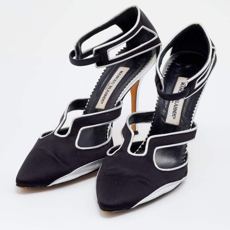 Pre Owned Manolo Blahnik Black/Silver Satin And Leather Cut Out Pumps Size 40.5
