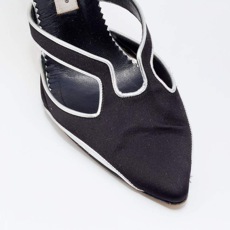 Pre Owned Manolo Blahnik Black/Silver Satin And Leather Cut Out Pumps Size 40.5