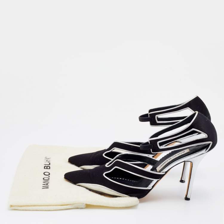 Pre Owned Manolo Blahnik Black/Silver Satin And Leather Cut Out Pumps Size 40.5