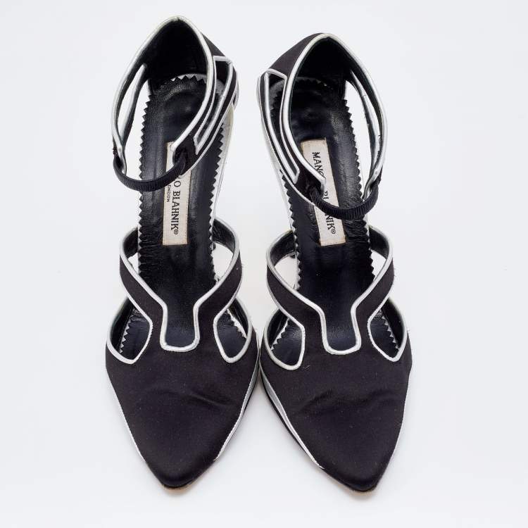 Pre Owned Manolo Blahnik Black/Silver Satin And Leather Cut Out Pumps Size 40.5