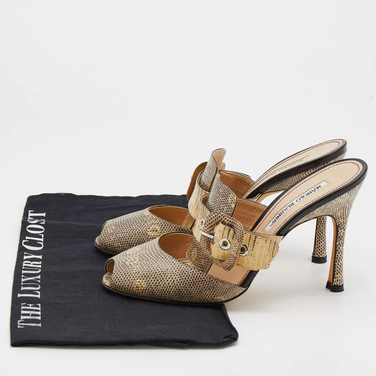 Pre Owned Manolo Blahnik Beige Lizard Buckle Slides Size 38