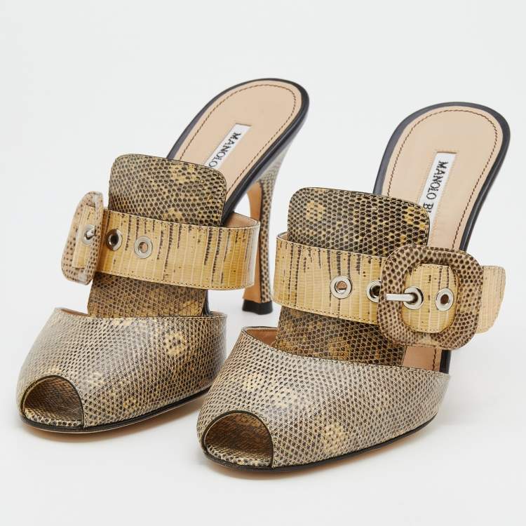 Pre Owned Manolo Blahnik Beige Lizard Buckle Slides Size 38