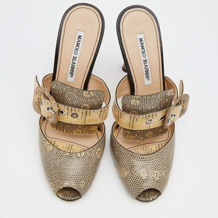 Pre Owned Manolo Blahnik Beige Lizard Buckle Slides Size 38
