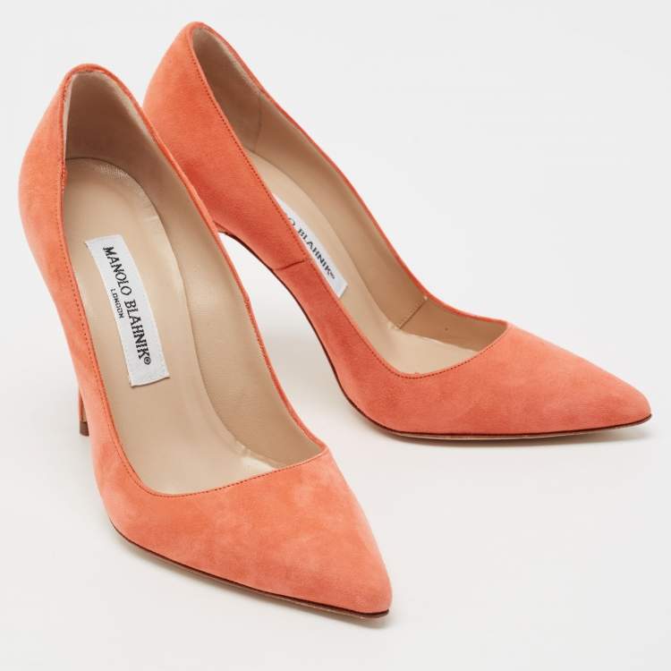 Pre Owned Manolo Blahnik Coral Orange Suede BB Pointed Toe Pumps Size 36