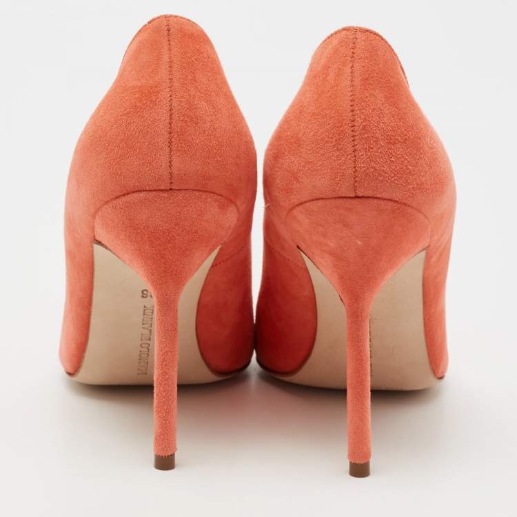Pre Owned Manolo Blahnik Coral Orange Suede BB Pointed Toe Pumps Size 36