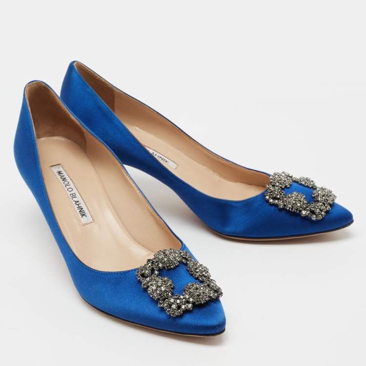 Pre Owned Manolo Blahnik Royal Blue Satin Hangisi Pumps Size 38