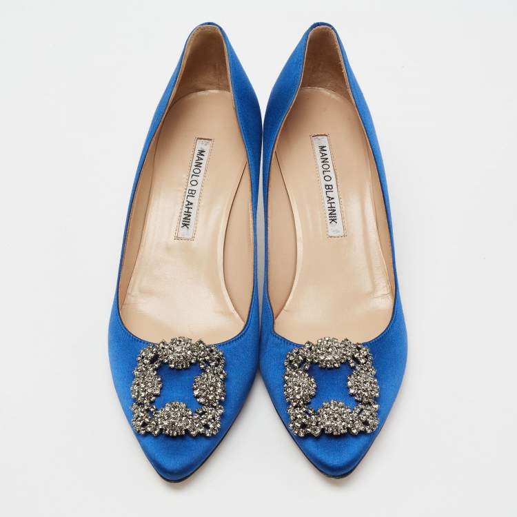 Pre Owned Manolo Blahnik Royal Blue Satin Hangisi Pumps Size 38