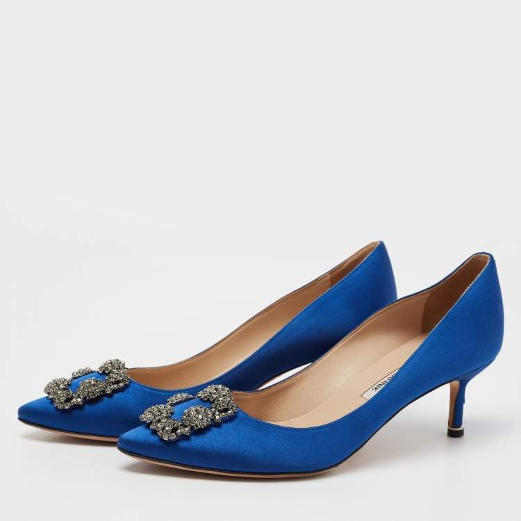 Pre Owned Manolo Blahnik Royal Blue Satin Hangisi Pumps Size 38