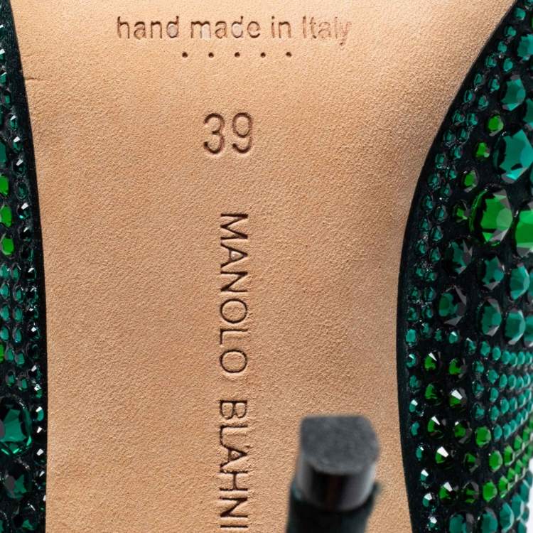 Pre Owned Manolo Blahnik Green Crystal Embellished Satin BB Pumps Size 39