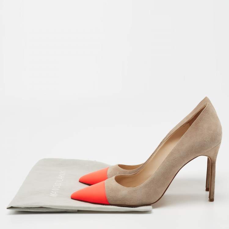 Pre Owned Manolo Blahnik Beige/Neon Pink Leather and Suede Bipunta Pumps Size 41