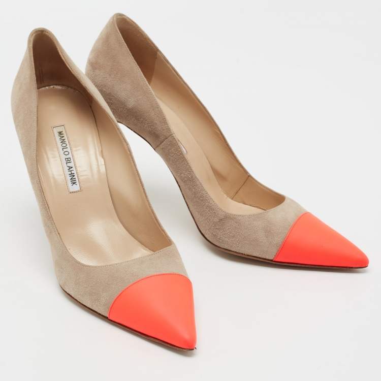 Pre Owned Manolo Blahnik Beige/Neon Pink Leather and Suede Bipunta Pumps Size 41