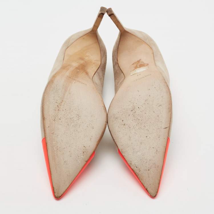 Pre Owned Manolo Blahnik Beige/Neon Pink Leather and Suede Bipunta Pumps Size 41