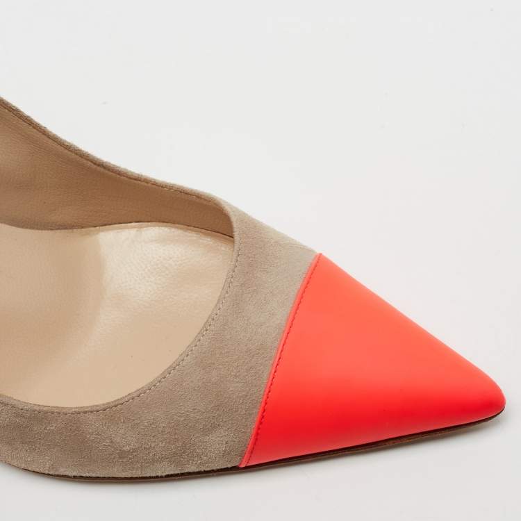 Pre Owned Manolo Blahnik Beige/Neon Pink Leather and Suede Bipunta Pumps Size 41