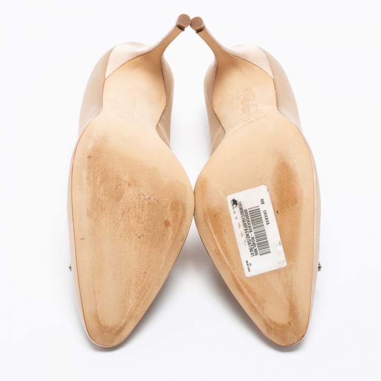 Pre Owned Manolo Blahnik Gold Satin Okkava Crystal Embellished Pumps Size 41