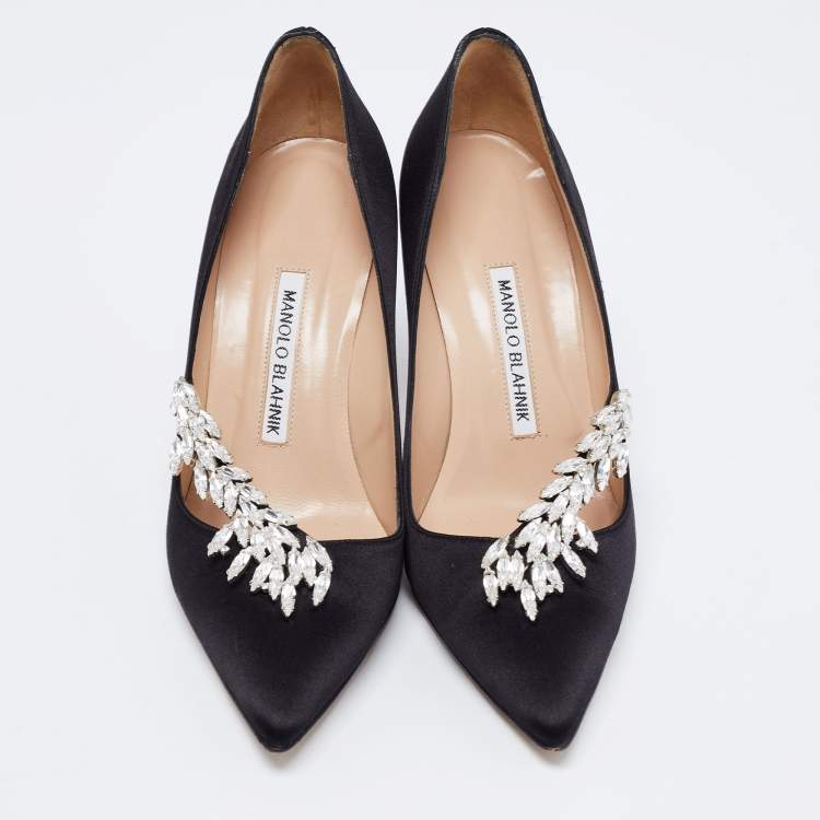 Pre Owned Manolo Blahnik Black Satin Jewel Nadira Pointed Toe Pumps Size 37.5