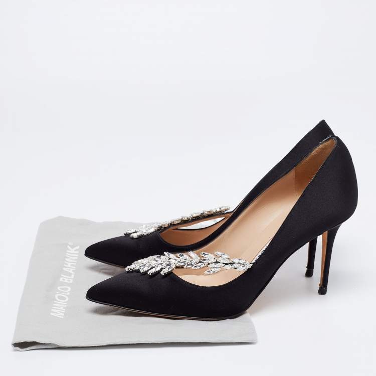 Pre Owned Manolo Blahnik Black Satin Jewel Nadira Pointed Toe Pumps Size 37.5