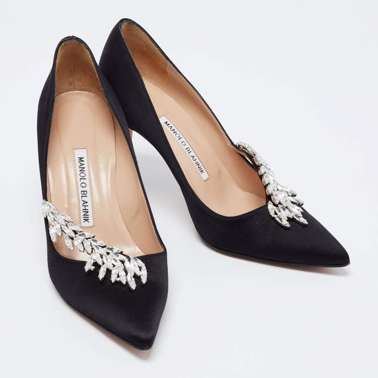 Pre Owned Manolo Blahnik Black Satin Jewel Nadira Pointed Toe Pumps Size 37.5