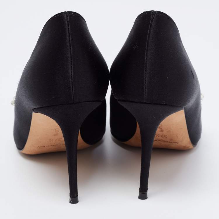Pre Owned Manolo Blahnik Black Satin Jewel Nadira Pointed Toe Pumps Size 37.5